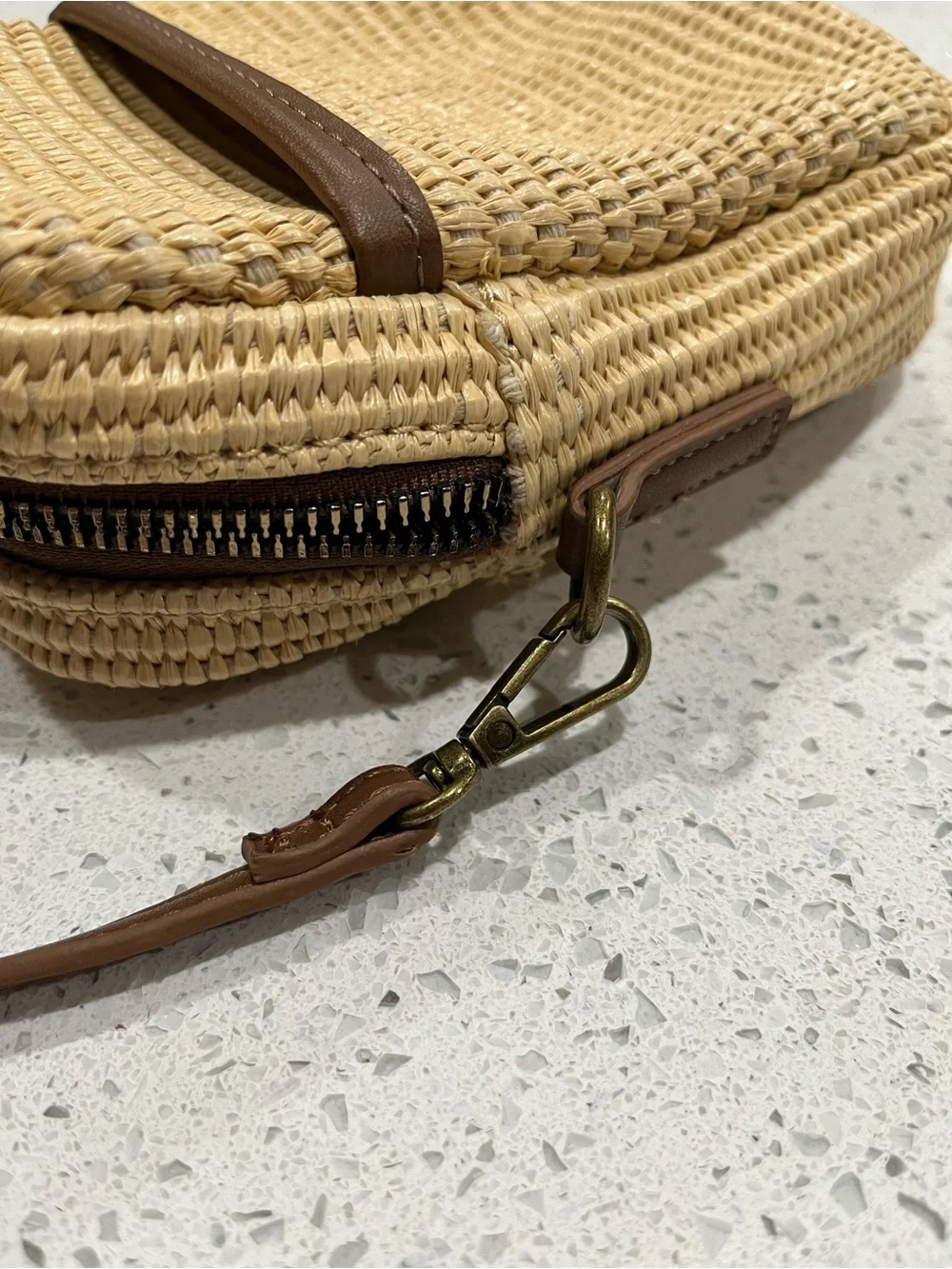 Maurices North South Raffia Crossbody Bag with Cognac Leather Trim